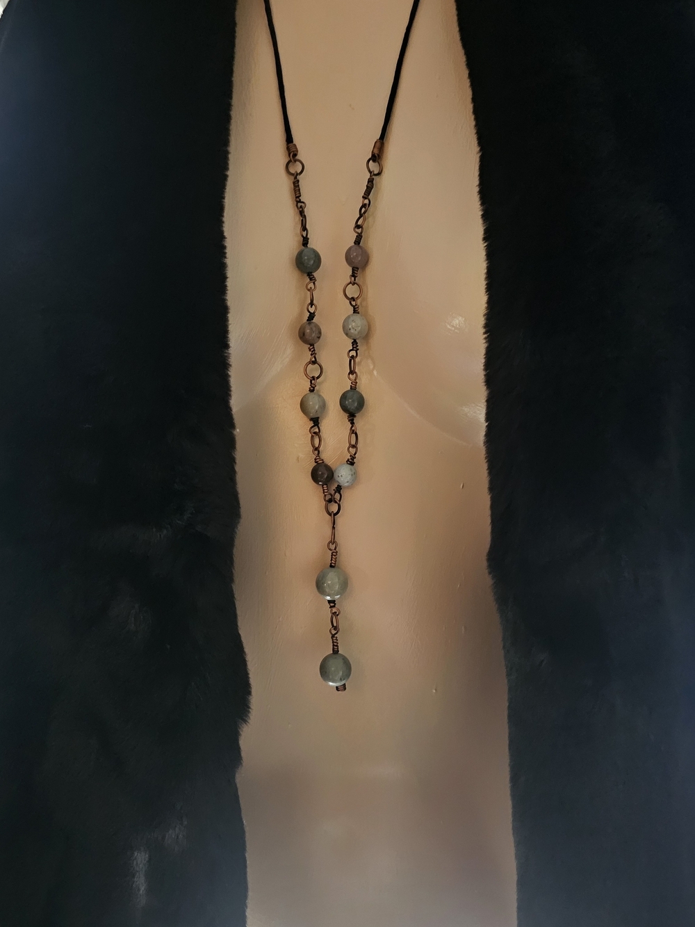 Beaded Drop Y Necklace in Green - Mixed Agate  Necklace(170)